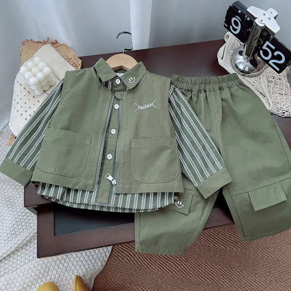 【12M-5Y】3-piece Boys Casual Stylish Monogrammed Embroidered Green Vest And Striped Shirt And Pants Set - Popopieshop.com 