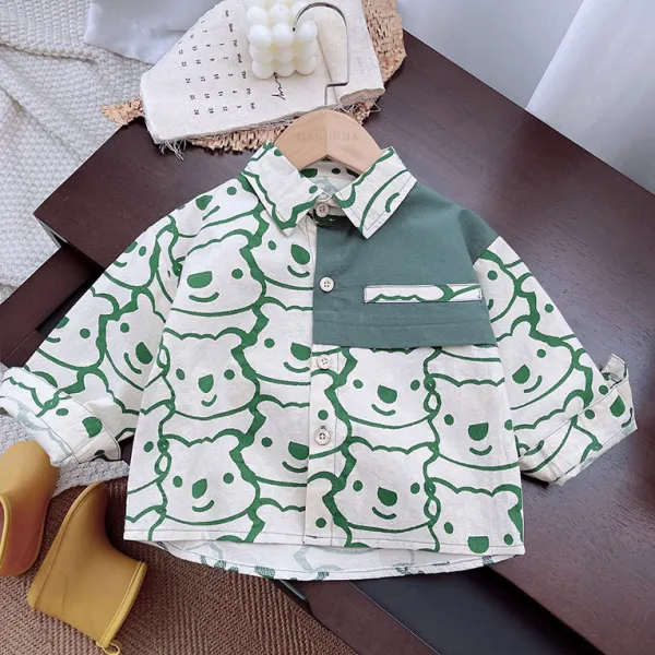 【12M-5Y】Boys Casual Fashion Green Bear Print Long Sleeve Shirt - Popopieshop.com 