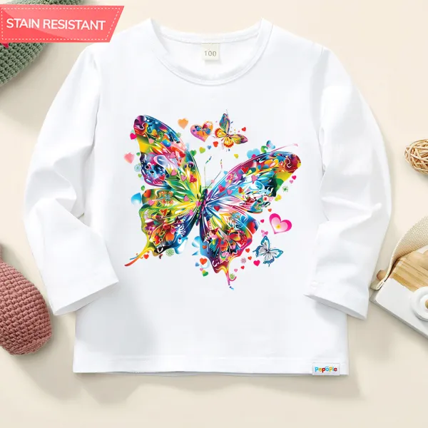 【12M-9Y】Girls Cute Sweet Butterfly And Heart Shapes Print Cotton Stain Resistant Long Sleeve T-shirt - Popopieshop.com 