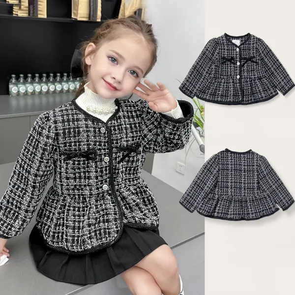 【18M-8Y】Girls Elegant Bow Design Black And White Tweed Jacket - 31191 - Popopieshop.com 
