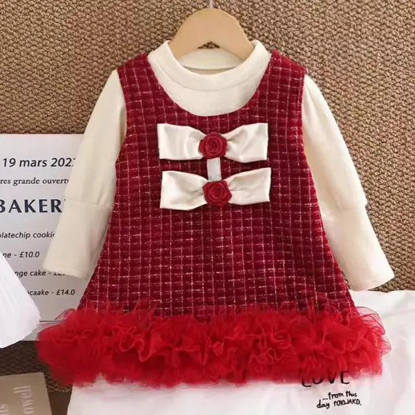 【12M-5Y】2-piece Girls Sweet Fashion Bow Red Tweed Dress And Padded Scrunchy White T-shirt Set - Popopieshop.com 