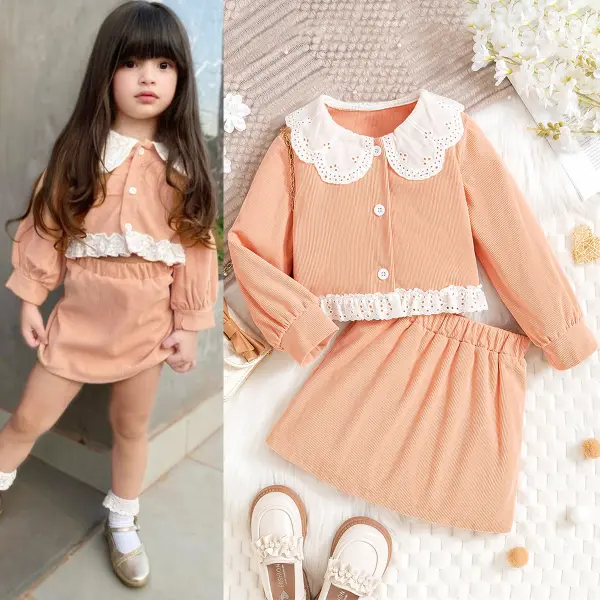 【3Y-7Y】2-piece Girls Fashion Orange Doll Collar Colorblock Long Sleeve Top And Skirt Set - Popopieshop.com 