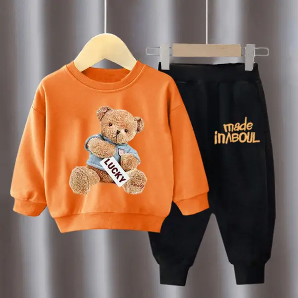 【18M-8Y】2-piece Boys Casual Cartoon Bear Print Round Neck Sweatshirt Set - Popopieshop.com 