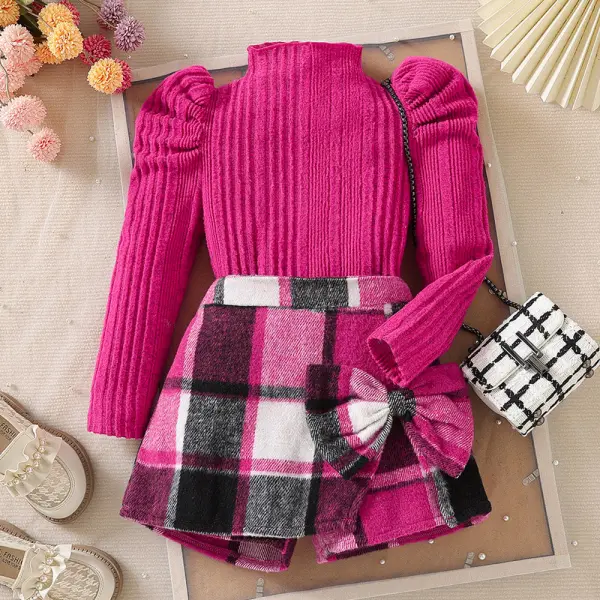 【2Y-7Y】2-piece Girls Fashion Rose Red High Neck Puff Sleeve T-shirt And Plaid Bowknot Shorts Set - Popopieshop.com 