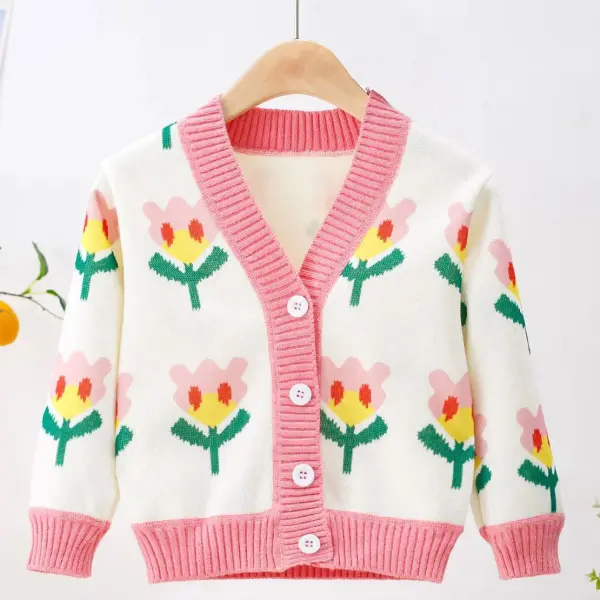 【18M-12Y】Girls Sweet Flower Printed Velvet Keep Warm V-Neck Sweater Coat - Popopieshop.com 