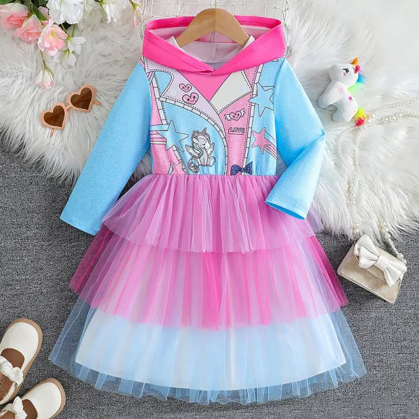【3Y-10Y】Girls Cute Unicorn Print Hooded Splicing Layered Tulle Dress - Popopieshop.com 