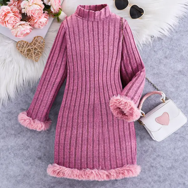 【3Y-10Y】Girls Fashion Rose Red Raw Edge High Neck Long Sleeve Dress - Popopieshop.com 