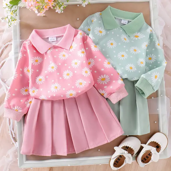 【12M-5Y】2-piece Girls Sweet Daisy Print Lapel Sweatshirt And Pleated Skirt Set - Popopieshop.com 
