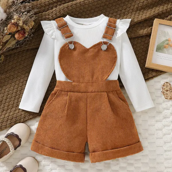 【2Y-7Y】2-piece Girl Cute White Ruffled Long-sleeved T-shirt And Corduroy Heart-shaped Overalls Shorts Set - Popopieshop.com 