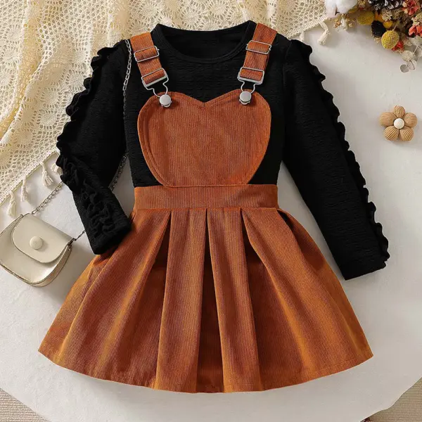 【2Y-7Y】2-piece Girls Cute Black Long Sleeve T-shirt And Corduroy Heart-Shaped Overalls Dress Suit - Popopieshop.com 