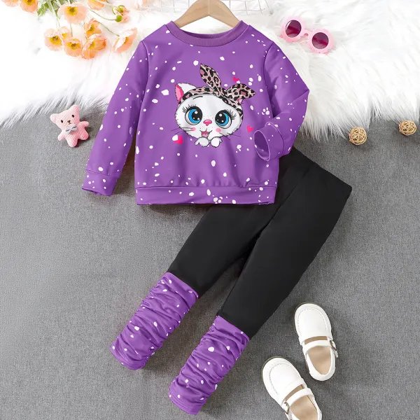 【2Y-8Y】2-piece Girls Polka Dot Cat Print Long Sleeve Sweatshirt And Pants Set - Popopieshop.com 
