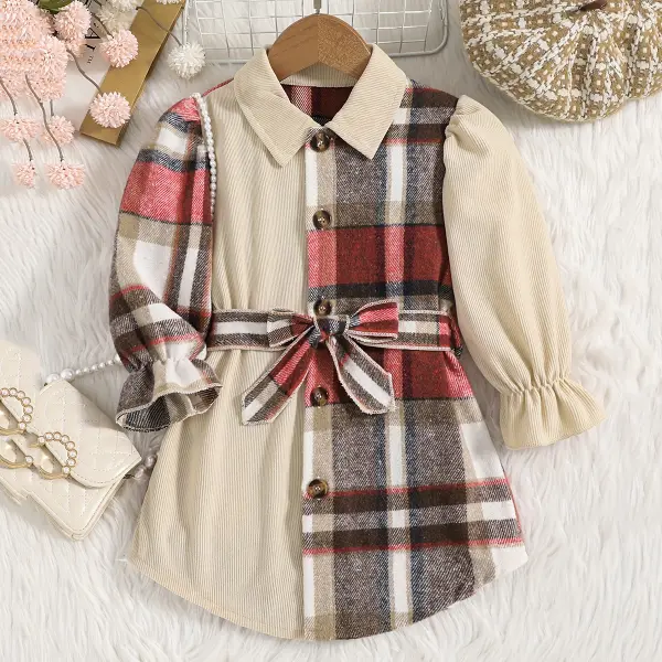 【2Y-8Y】Girls Corduroy Plaid Long Sleeve Shirt - Popopieshop.com 