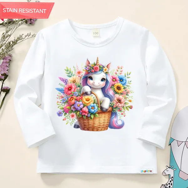 【12M-9Y】Girls Cotton Stain Resistant Unicorn Print Long Sleeve Tee - Popopieshop.com 