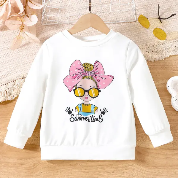 【2Y-8Y】Girls White Cartoon Print Round Neck Long Sleeve Sweatshirt - Popopieshop.com 