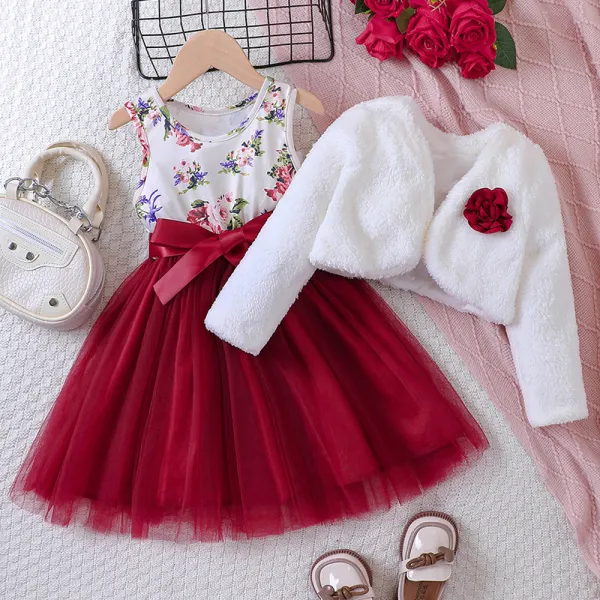 【18M-6Y】2-piece Girls Floral Sleeveless Mesh Dress And Flannel Cardigan Set - Popopieshop.com 