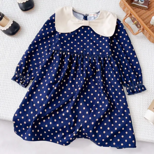 【2Y-7Y】Girls Elegant Bow Tie Lapel Navy Blue Polka Dot Dress - Popopieshop.com 