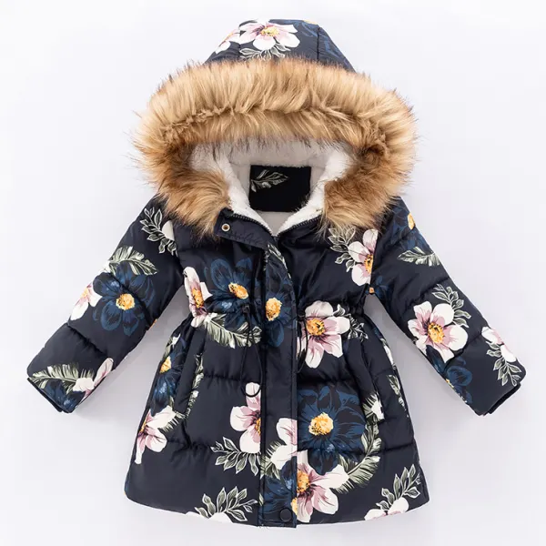 【4Y-12Y】Girls Fashionable Floral Print Padded Fleece Hooded Quilted Jacket - Popopieshop.com 