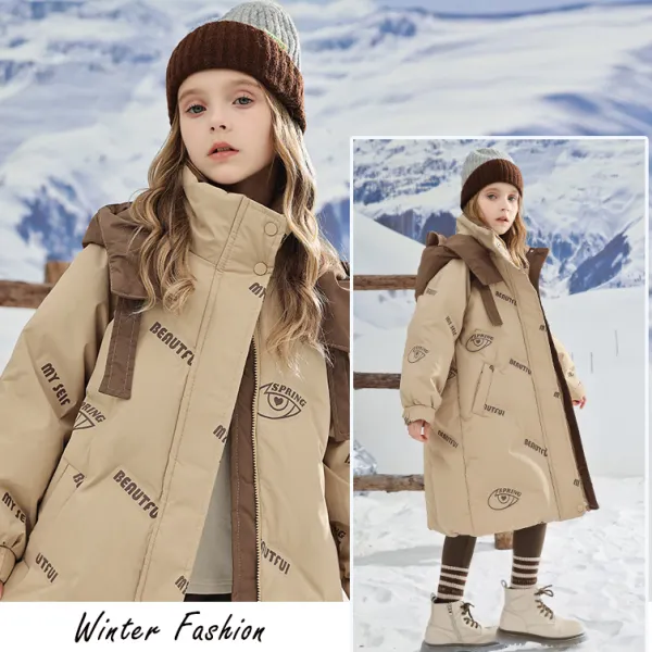 【4Y-15Y】Girls Stylish Minimalist Letter Printed Khaki Hooded Quilted Jacket - Popopieshop.com 