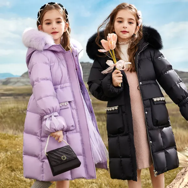 【4Y-15Y】Girls Fashion Simple Faux Fur Hooded Down Coat Quilted Jacket - Popopieshop.com 