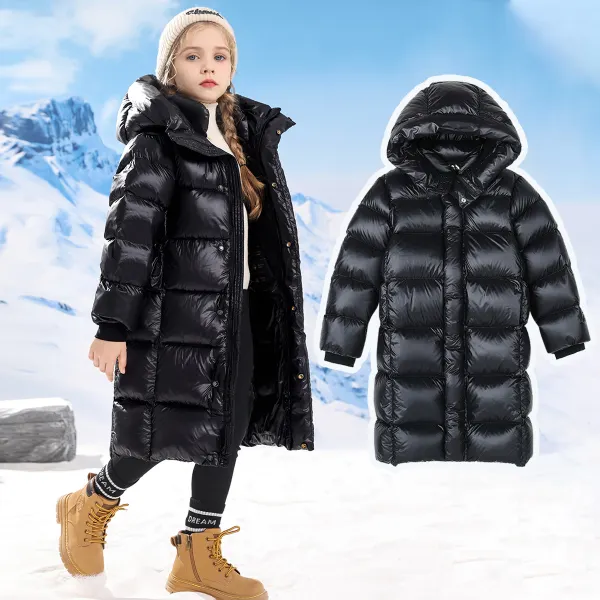 【4Y-15Y】Girls Fashionable Simple Black Hooded Down Coat Quilted Jacket - Popopieshop.com 