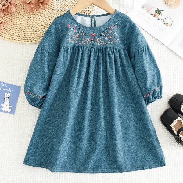 【2Y-7Y】Girls Floral Print Round Neck Long Sleeve Blue Dress - Popopieshop.com 