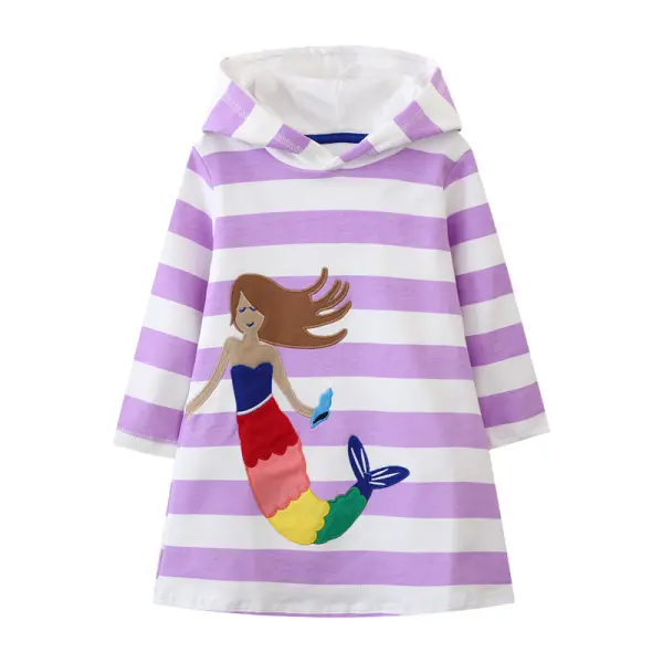 【1Y-7Y】Girls Cute Mermaid Embroidered Purple Striped Hooded Dress - Popopieshop.com 
