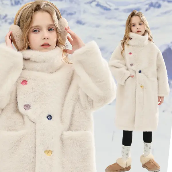 【4Y-12Y】Girls Fashion Beige Thickened Faux Fur Coat - Popopieshop.com 