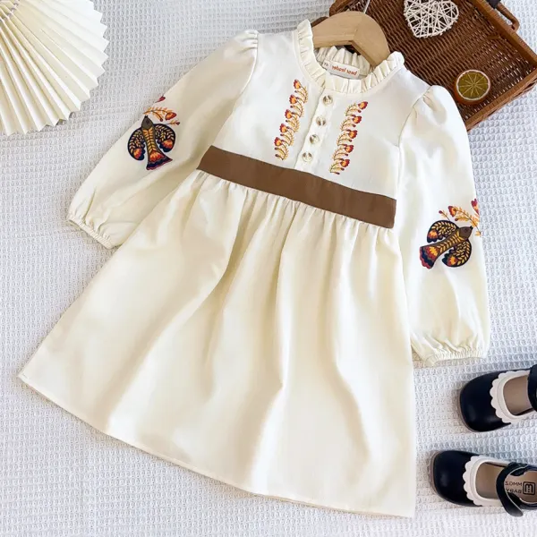 【2Y-7Y】Girls Boho Floral And Bird Print Beige Dress - Popopieshop.com 