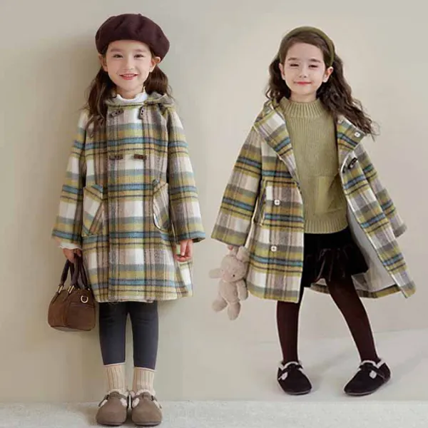 【18M-6Y】Girls Fashionable Yellow Green Plaid Hooded Tweed Coat - Popopieshop.com 
