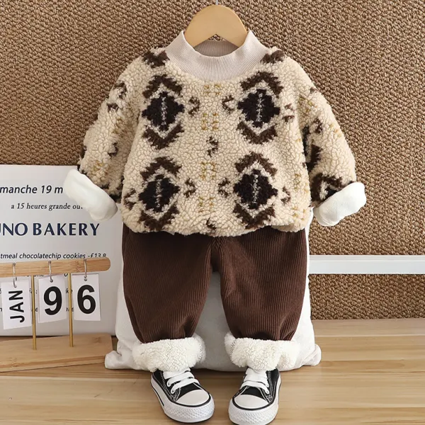 【6M-4Y】2-piece Boys Casual Geometric Patterned Padded Fleece Top And Corduroy Pants Set - Popopieshop.com 