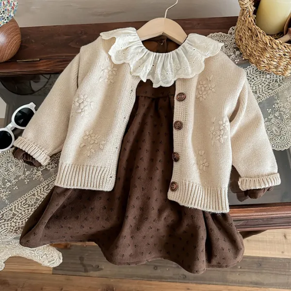 【12M-6Y】2-piece Girls Sweet Polka Dot Jacquard Brown Dress And Chinka Khaki Sweater Cardigan Set - Popopieshop.com 