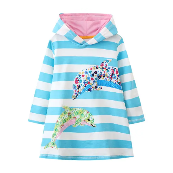 【1Y-7Y】Girls Cute Flower Dolphin Embroidered Blue Striped Hooded Dress - Popopieshop.com 