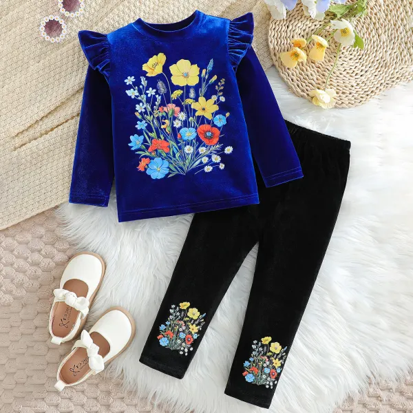 【3Y-7Y】2-piece Girls Sweet Floral Print Velvet T-shirt And Pants Set - Popopieshop.com 
