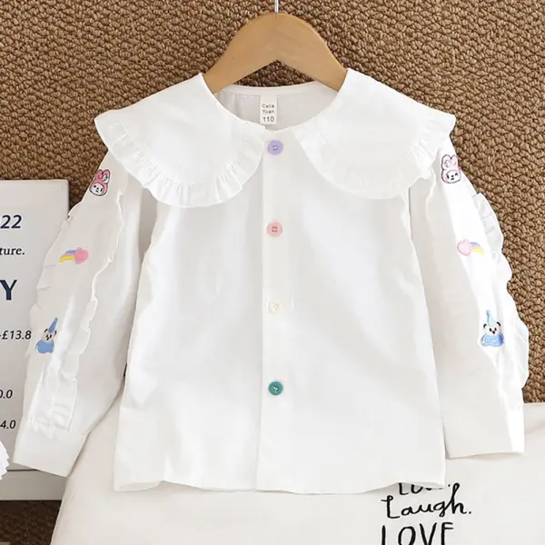 【2Y-8Y】Girls Sweet Cartoon Embroidery Ruffled Doll Collar Long Sleeve Shirt - Popopieshop.com 