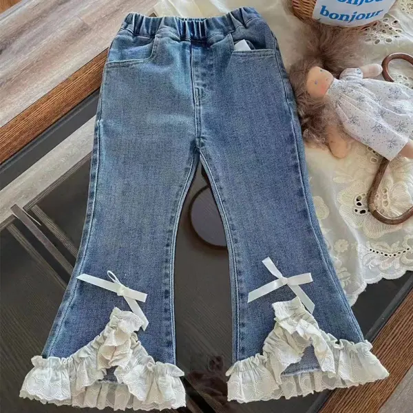 【18M-8Y】Girls Fashion Lace Ruffle Bowknot Flared Jeans - Popopieshop.com 