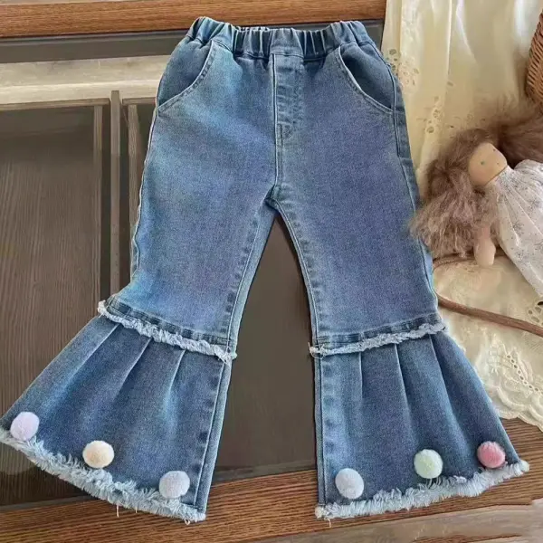 【18M-8Y】Girls Fashion Small Pom Pom Pleated Flared Jeans - Popopieshop.com 