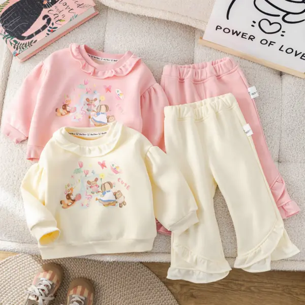 【12M-6Y】2-piece Girls Casual Cartoon Printe Plush Fleece Keep Warm Ruffled Round Neck Sweatshirt And Flare Pants Set - Popopieshop.com 