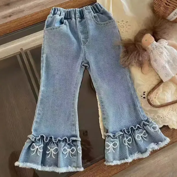 【18M-8Y】Girls Sweet Bowknot Print Ruffled Flare Jeans - Popopieshop.com 