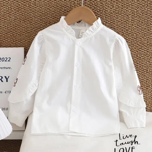 【12M-6Y】Girls Sweet Bowknot Embroidered Ruffled Stand Collar Long Sleeve Shirt - Popopieshop.com 