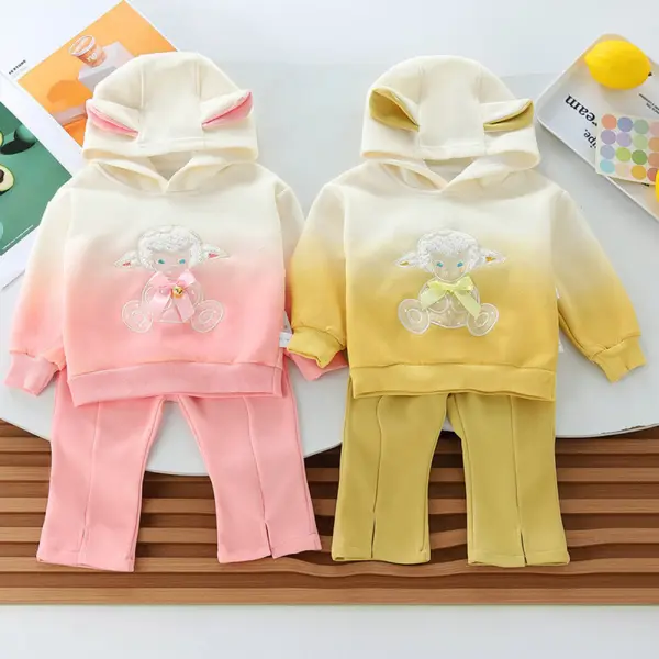 【12M-5Y】2-piece Girls Cute Lamb Embroidered Gradient Hooded Sweatshirt And Pants Set - Popopieshop.com 