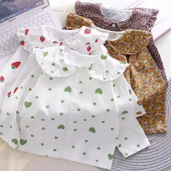 【12M-10Y】Girls Sweet Heart Shape Strawberry Floral Print Ruffle Doll Collar Long Sleeve Shirt - Popopieshop.com 