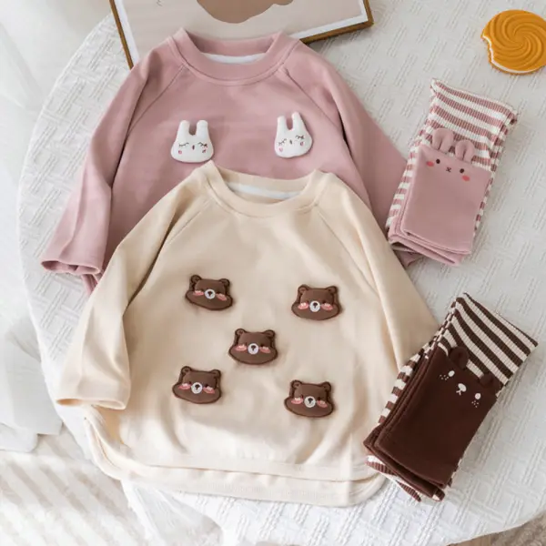 【12M-5Y】2-piece Girls Cute Cotton Cartoon Doll Long Sleeve T-shirt And Striped Leggings Set - Popopieshop.com 