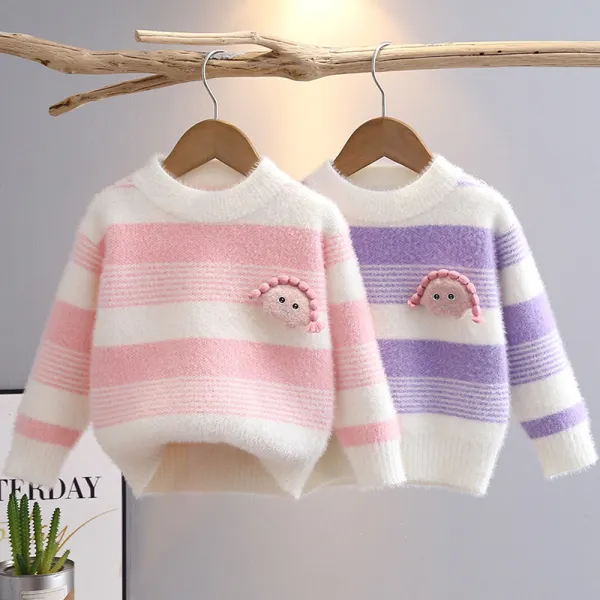 【18M-6Y】Girls Striped Cartoon Applique Round Neck Long Sleeve Sweater - Popopieshop.com 