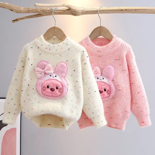 【3Y-10Y】Girls Bunny Embroidered Round Neck Long Sleeve Sweater - Popopieshop.com 