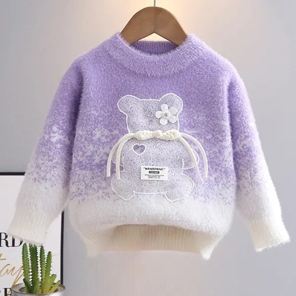 【18M-6Y】Girls Gradient Bear Embroidery Round Neck Long Sleeve Sweater - Popopieshop.com 