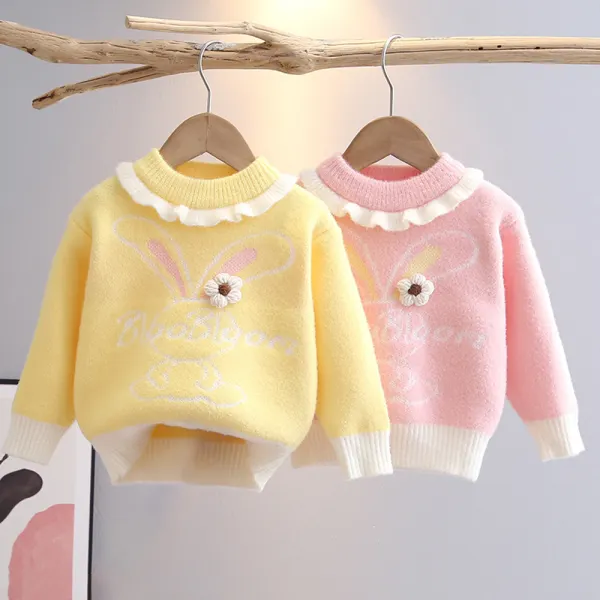 【18M-6Y】Girls Bunny Pattern Applique Round Neck Long Sleeve Sweater - Popopieshop.com 