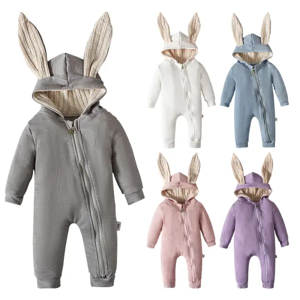 【0M-24M】Unisex Baby Cotton Rabbit Ear Hooded Multicolor Jumpsuit - Popopieshop.com 