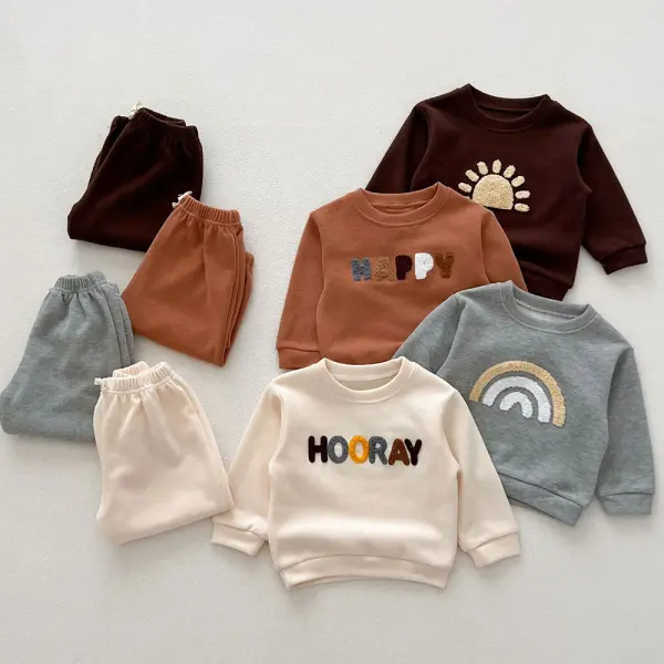 【6M-4Y】2-piece Unisex Cotton Letter Cartoon Embroidered Round Neck Sweatshirt And Pants Set - Popopieshop.com 