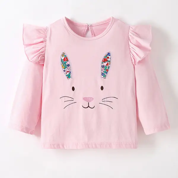 【18M-7Y】Girls Cute Cotton Rabbit Embroidery Ruffled Long Sleeve T-shirt - Popopieshop.com 