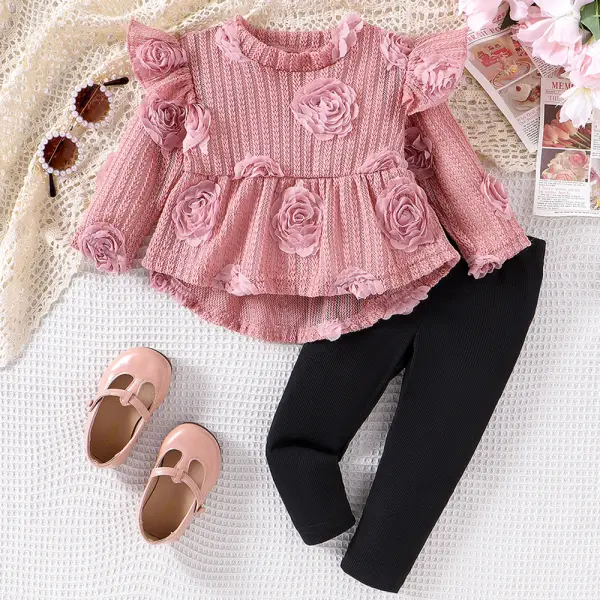 【6M-3Y】2-piece Baby Girl Sweet Chiffon Pink Floral Long Sleeve Top And Pants Set Only $24.99 - Popopieshop.com 
